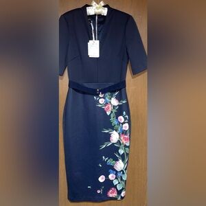 Ted Baker London Navy Dress with Floral Accents UK-2 US-6